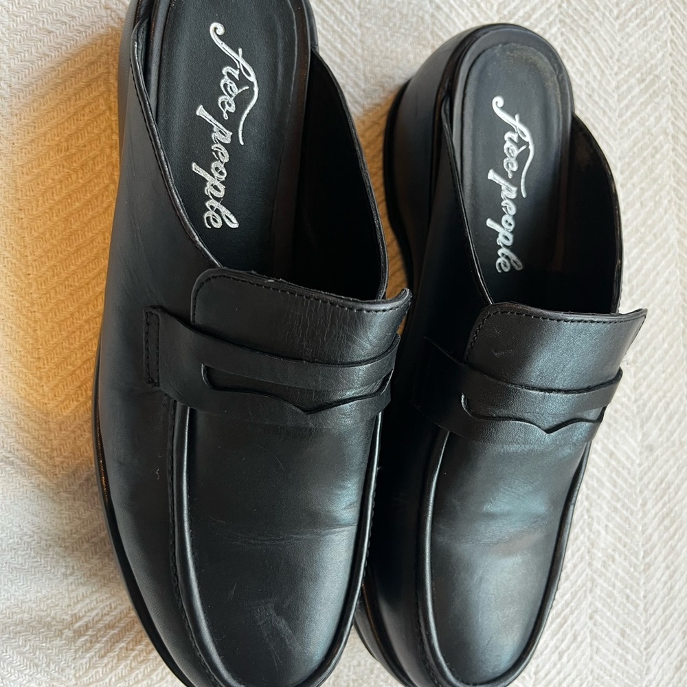 Free People Black Leather Mules Sleek Design
